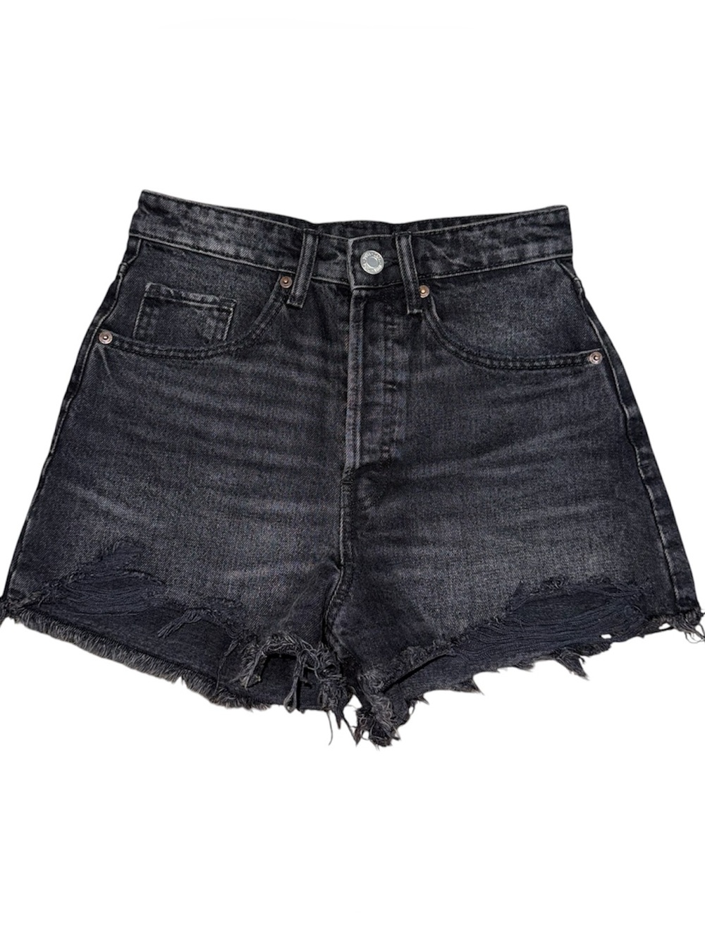 ZARA High Waisted Black Denim Shorts Distressed Raw Hem Button Fly Sz 2 Festival